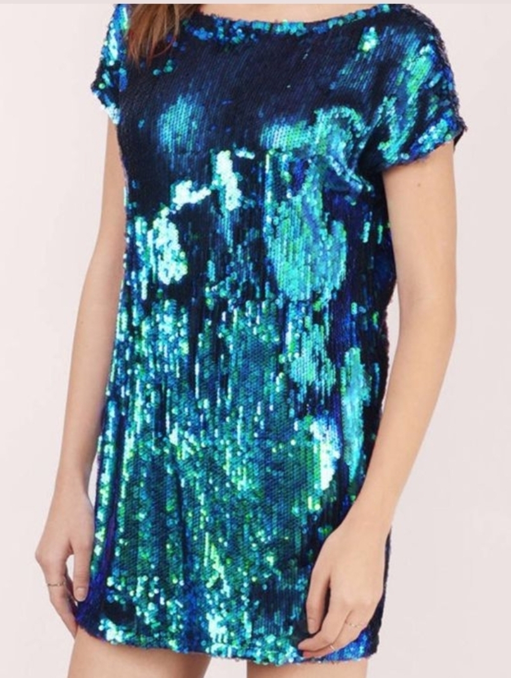 Tobi Mermaid Sequin Shift Dress Iridescent Blue and Green Sequins Large NEW